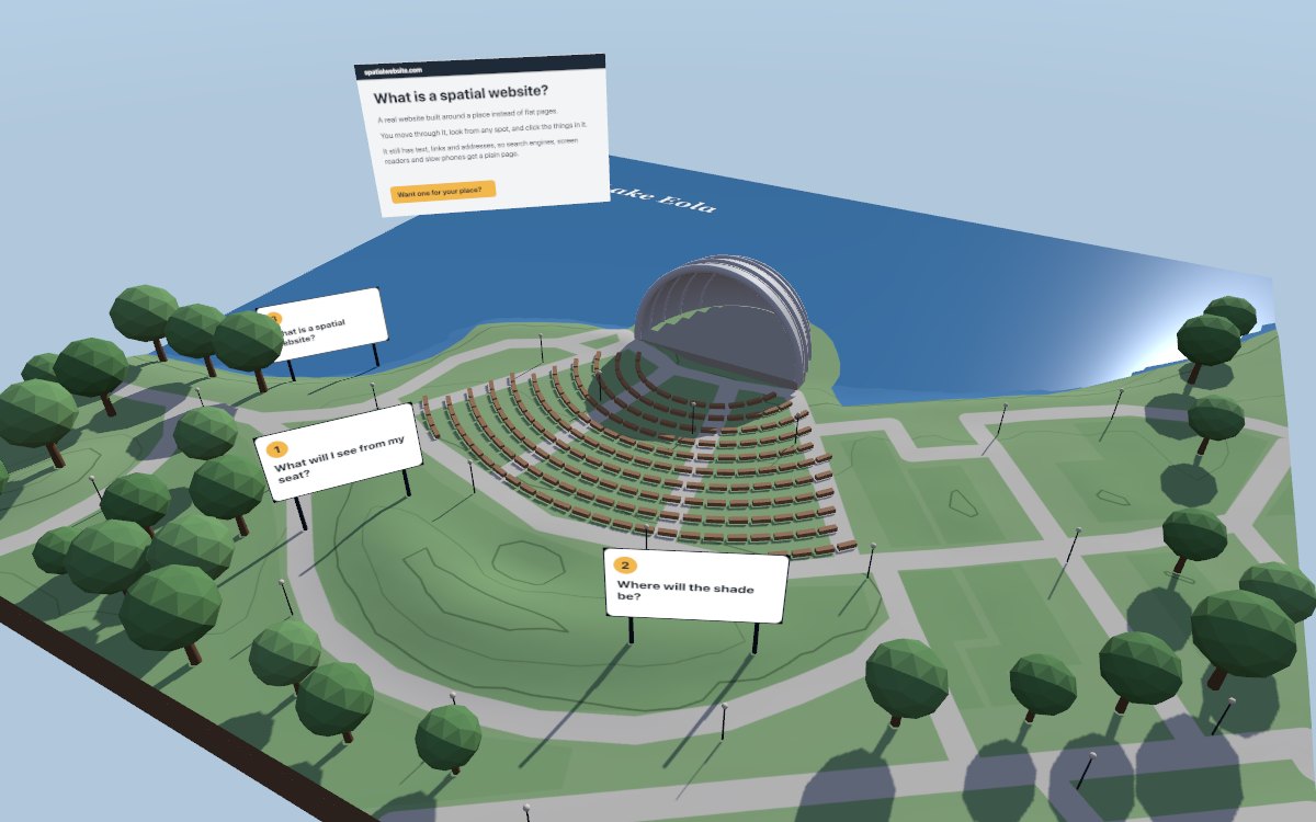 A small 3D model of the Lake Eola amphitheater: the white shell on the lake shore, curved rows of seats, paths and trees.