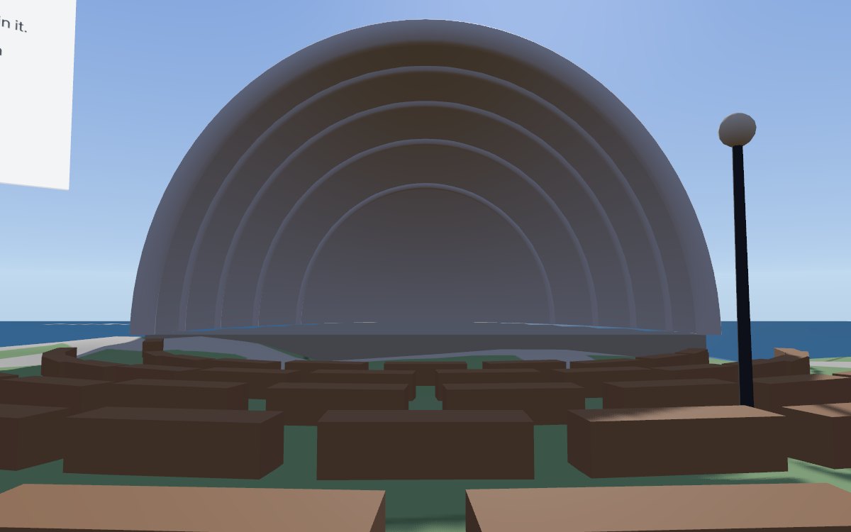 The view from seat C, middle center: rows of seats in front, the shell straight ahead.